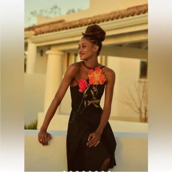 Yukiko Noritake x Anthropologie Asymmetrical Floral Appliqué Midi Dress Women 4 - Picture 2 of 10